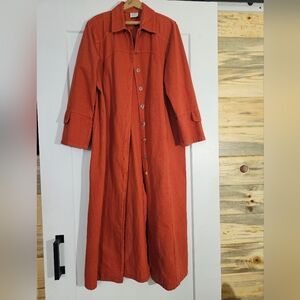 CMC Orange Full Length Duster Coat Button Front Color Me Cotton Long Jacket M